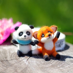 Needle felted toys forest Animals-Friends Panda and Fox . Eco wool toys. Collectible wool toys.