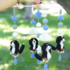 Customized  felted  baby mobile. Nursery felted mobile with Bernese Mountain Dogs.  Baby Shower Gift.