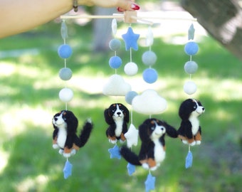 Customized  felted  baby mobile. Nursery felted mobile with Bernese Mountain Dogs.  Baby Shower Gift.
