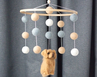 Customized baby mobile. Nursery felted mobile with dog or any figurine you wish. Individual custom mobile with animals. Baby Shower Gift.