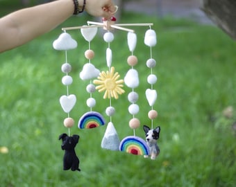 Customized felted baby mobile. Nursery felted mobile with dogs. Individual, personalized custom mobile with animals. Baby Shower Gift.