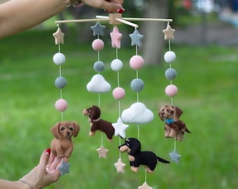 Customized felted baby mobile. Nursery felted mobile with dachshund . Baby Shower Gift.