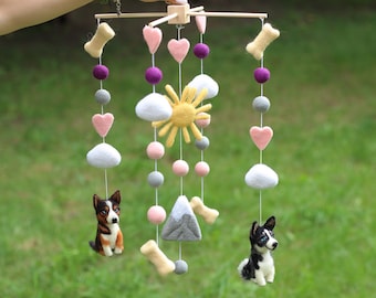 Customized felted baby mobile. Nursery felted mobile with dogs. Individual, personalized custom mobile with animals. Baby Shower Gift.
