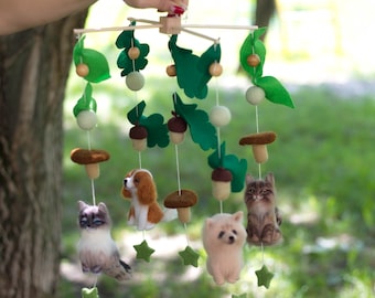 Customized felted baby mobile. Nursery felted forest  mobile with Pets . Individual, personalized  mobile with animals. Baby Shower Gift.