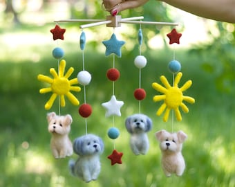Customized felted baby mobile. Nursery felted mobile with Pets. Individual, personalized custom mobile with animals. Baby Shower Gift.