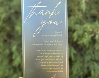 Tarjetas de agradecimiento para bodas, acrílicas con detalles dorados, decoración de mesa, nota personalizada para los invitados.