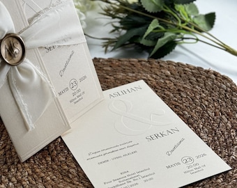 Sceau d'invitation de mariage, Faire-part de luxe, Faire-part avec ruban, Faire-part en relief, Faire-part plié, Faire-part ivoire, Faire-part crème