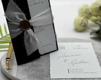 Bruiloft uitnodiging met lint, huwelijksuitnodigingen, luxe uitnodiging, uitnodiging lakzegel, uitnodiging gevouwen, zwarte uitnodiging