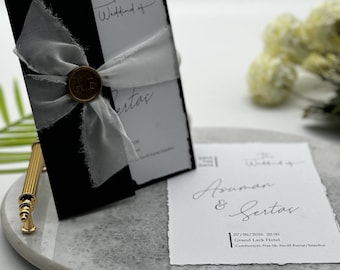 Black Folded Wedding Invitation: Luxury Ribbon & Wax Seal