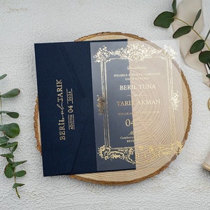 Acryl Hochzeitseinladung, Navy Blau Umschlag, Blumen Hochzeitseinladung, Geburtstagseinladung, Goldfolie Einladung, Klare Einladung,