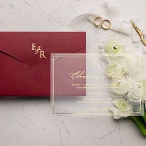 Clear acrylic wedding invitation, Transparent sample invitations, with red envelope invitations, Gold Foil Printed, Acrylic invitations