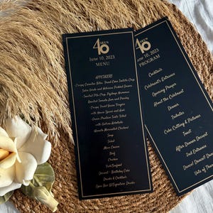 Menú de doble cara, tarjeta de menú de boda de acrílico negro, tarjeta de programa de boda, menú de cena, tarjeta de recepción de boda, menú con escrituras en oro y plata