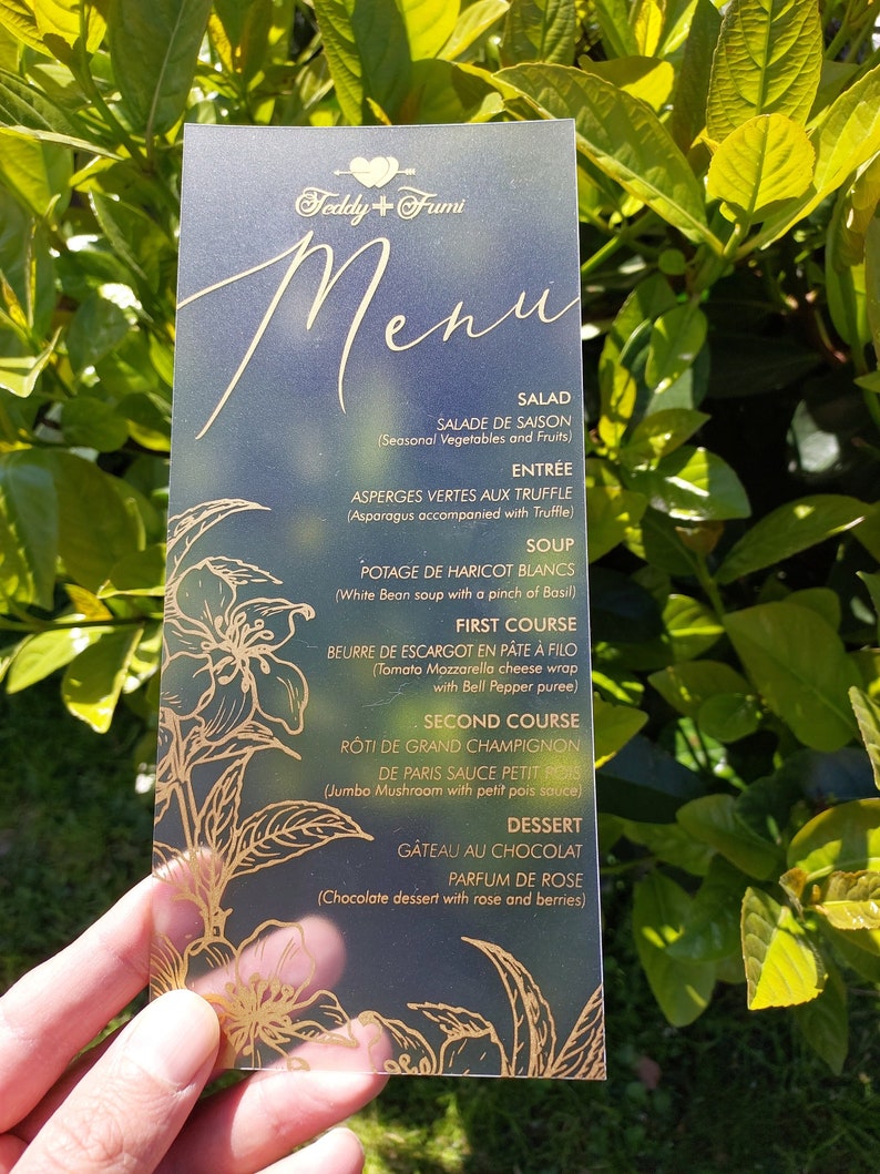 Acrylic menu card, wedding menu, acrylic wedding detail card, acrylic thank you card, gold foil menu, silver foil menu, birthday menu card image 1