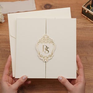 Luxury Wedding Invitation, Custom Design Monogram, Foldable Invitation card, with details and RSVP cards, Gold foil printed envelopes