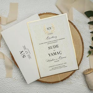 Inviti di nozze con bordo in lamina d'oro, biglietto d'invito per matrimonio moderno e busta color crema avorio, motivo dorato color crema avorio, cornice in lamina d'oro
