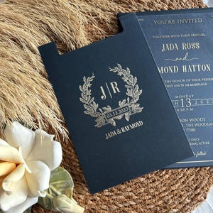 Acrylic wedding invitation, Black envelope, Gold monogram, Gold silver foil invitation, Wedding invitation, Clear invitation, monogram print