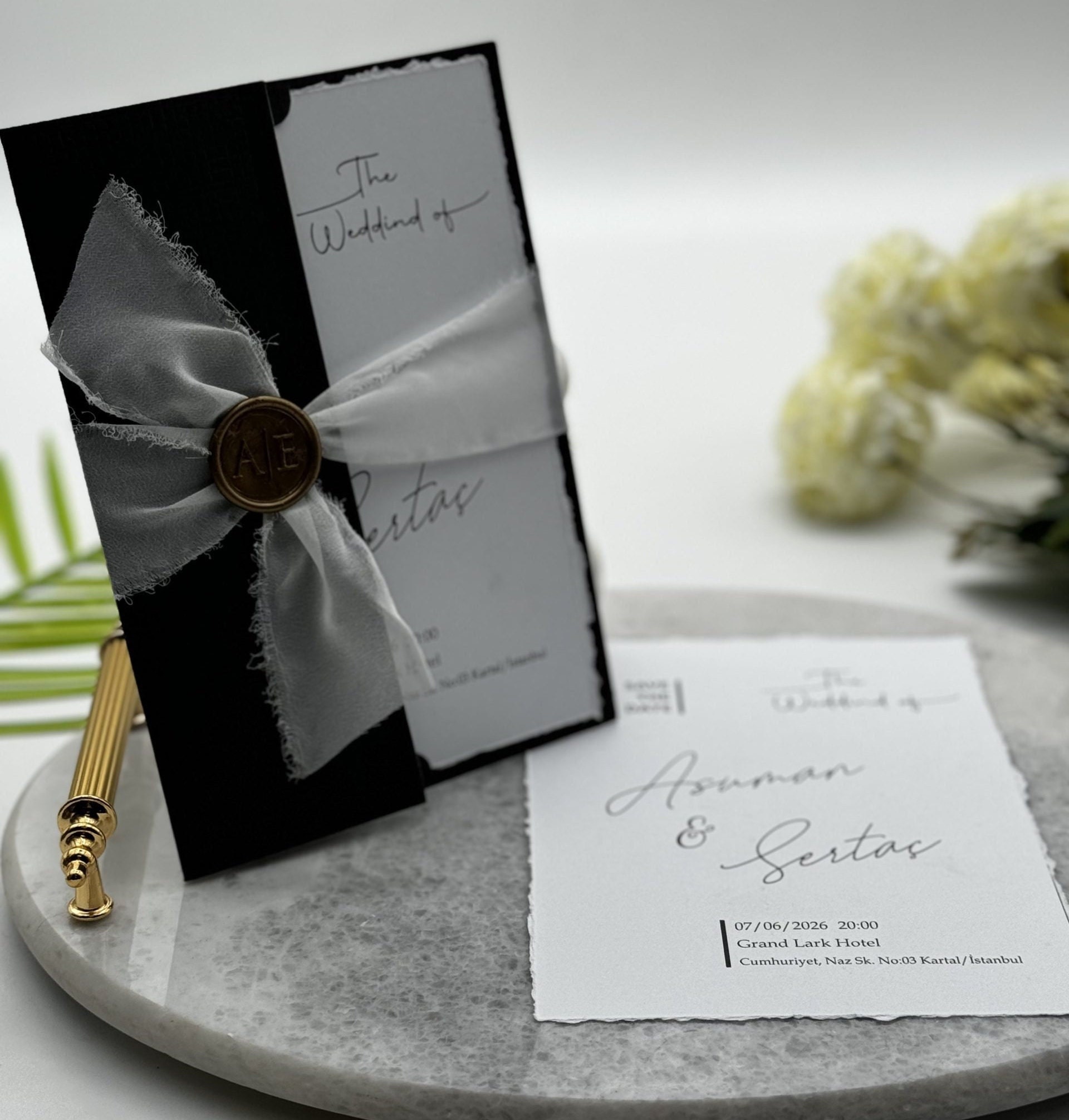 Black Folded Wedding Invitation: Luxury Ribbon & Wax Seal