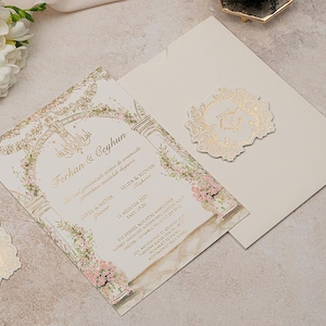 Floral gold foil wedding invitation, Floral monogram, Birthday invitation, Quinceañera invitation, Cream Ivory Envelope, Gold Foil Monogram