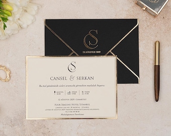 Gold Foil Monogram Wedding Invitation: Elegant Cream & Black Card
