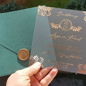 Invito acrilico quadrato, Inviti di nozze in acrilico, Inviti trasparenti, Inviti in lamina d'oro, Inviti in acrilico satinato,