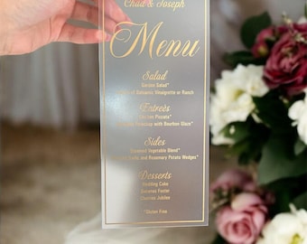 Gold Foil Acrylic Wedding Menu Card (4x9), Personalized Reception Decor, Luxury Tablescape