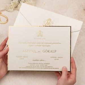 Goldfolie Hochzeitseinladungen, Moderne Hochzeitseinladungskarte und Creme Ivory Umschlag, Goldfolie Bordüre, Goldfolie Monogramm