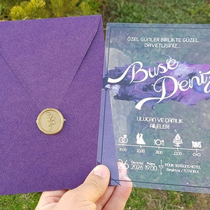 Clear acrylic wedding invitation, Envelope with wax seal, Transparent invitation, White ink, Purple Envelope, Transparent Invite