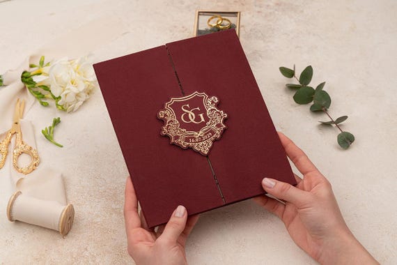 Luxury Burgundy Velvet Wedding Invitation: Gold Foil Monogram, Tri-Fold Card