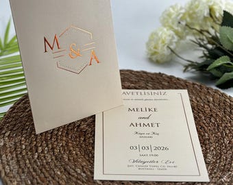Gold Foil Monogram Wedding Invitations: Modern Cream Ivory Design