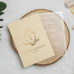 Invitación de boda de acrílico, invitaciones con lámina de oro, sobres de marfil, monograma, invitación de acrílico transparente, juego de invitaciones de boda, tarjetas RSVP