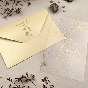 Acryl Hochzeitseinladung, Klare Einladung, Goldfolie Einladung, Einzigartige Hochzeitseinladung, Einladungspaket, Benutzerdefinierte Einladung, Umschlag