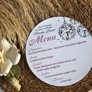 Carte de menu de mariage ronde, menu circulaire, carte de menu ovale, carte de détails, menu feuille d'or, programmes de réception de mariage, carte de remerciement