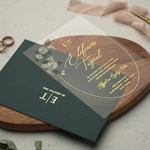 Invitación de boda, Invitaciones acrílicas, Invitaciones verdes acrílicas, Sobre verde, Invitación acrílica transparente, Conjunto de invitación de boda