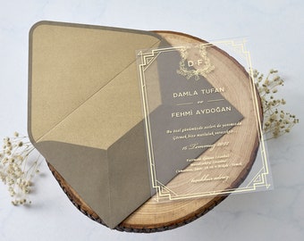 Gold Foil Acrylic Wedding Invitation: Transparent Rustic Monogram