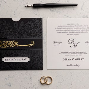 Muslim Wedding Card, Islamic Wedding Invitation, Arabic Wedding Card, Gold foil wedding invitation, black wedding invitation envelopes
