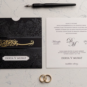 Muslim Wedding Card, Islamic Wedding Invitation, Arabic Wedding Card, Gold foil wedding invitation, black wedding invitation envelopes