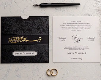Gold Foil Muslim Wedding Invitation: Black & Beige Card