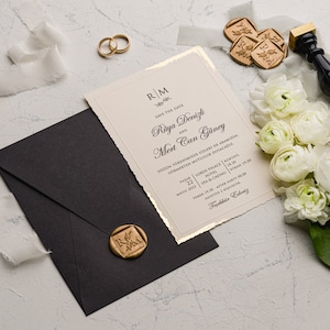 Invitación de boda con papel dorado, sobres de invitación de boda negros, papel dorado, papel plateado, sobre con sello de cera, borde dorado