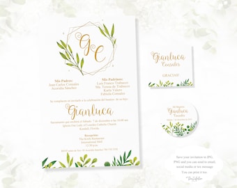 Florale Taufeinladung, Spanisches Bautizo, Greenery Design (Digital)