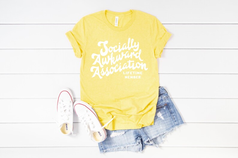 Socially Awkward Association Lifetime Member Bella Canvas 3001 Cute Introvert Yellow Tshirt T-shirt Shirt Adult sizes Short Sleeve Shirt