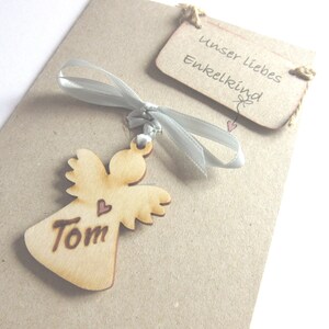 Unser liebes Enkelkind - Glückwunschkarte - mit Schutzengel - personalisiert - Tom - Gravur - Geburt - Taufe - Brandmalerei