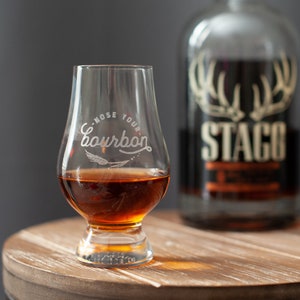 Authentic Glencairn bourbon whiskey glass engraved with Nose Your Bourbon logo