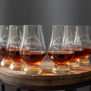 Set of 6 (six) Authentic Glencairn bourbon whiskey glasses engraved with Nose Your Bourbon logo