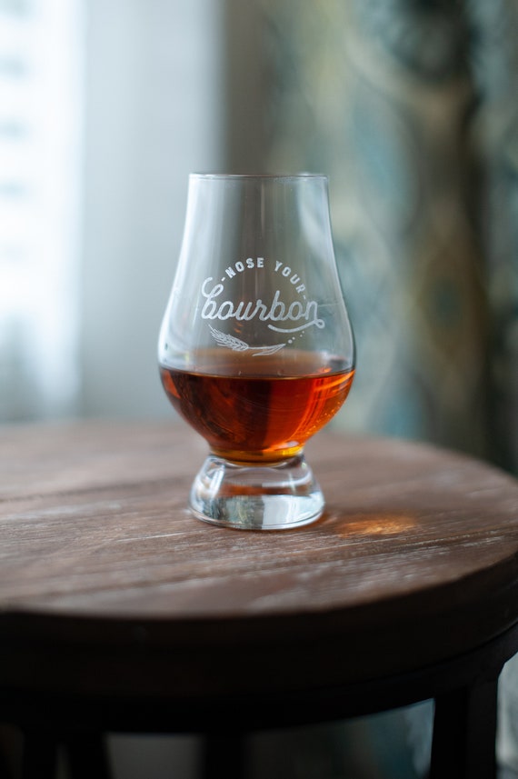 Authentic Glencairn Bourbon whiskey glass engraved with Nose Your Bourbon logo