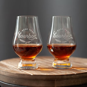 2 (two) Authentic Glencairn bourbon whiskey glasses engraved with Nose Your Bourbon logo