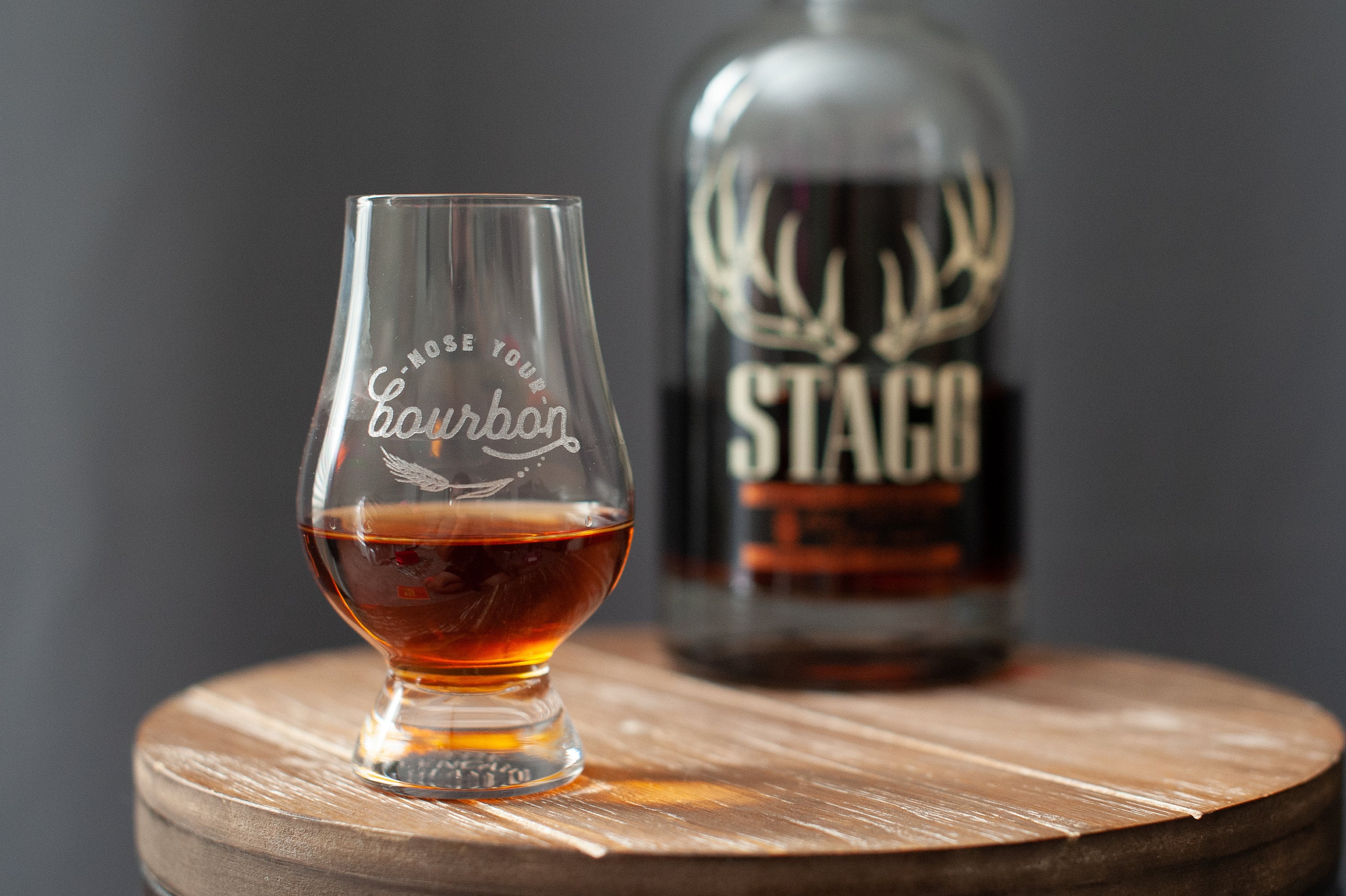 Authentic Glencairn bourbon whiskey glass engraved with Nose Your Bourbon logo