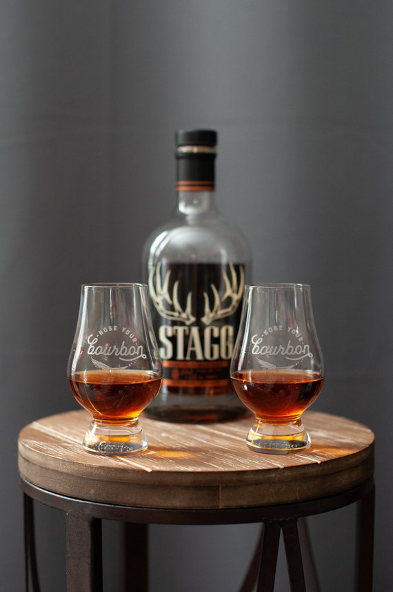 2 (two) Authentic Glencairn Bourbon Whiskey Glasses Engraved With Nose Your Bourbon Logo