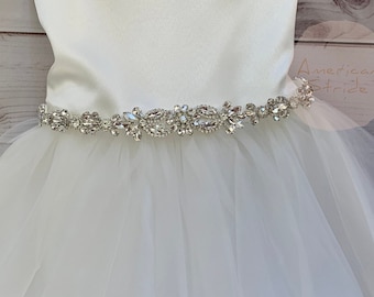 Flower Girl Sash | Crystal flower motif Sash | Flower Girl Rhinestone Belt