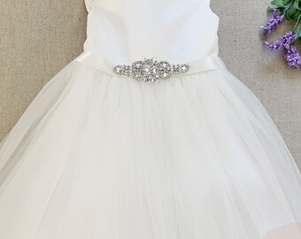 USA Made | Satin and Tulle Flower Girl Dress with detachable Rhinetsone sash | Classic Girl Dress|  Size 6M - Teen | Naomi dress