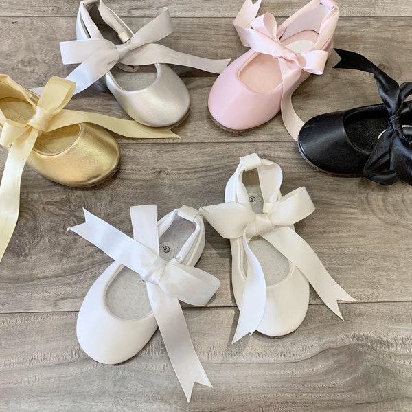 Simple Classic Flower Girl Satin Ribbon Shoes  | Mary Janes Girl Shoes | Ballerina Shoes with Ribbon Tie